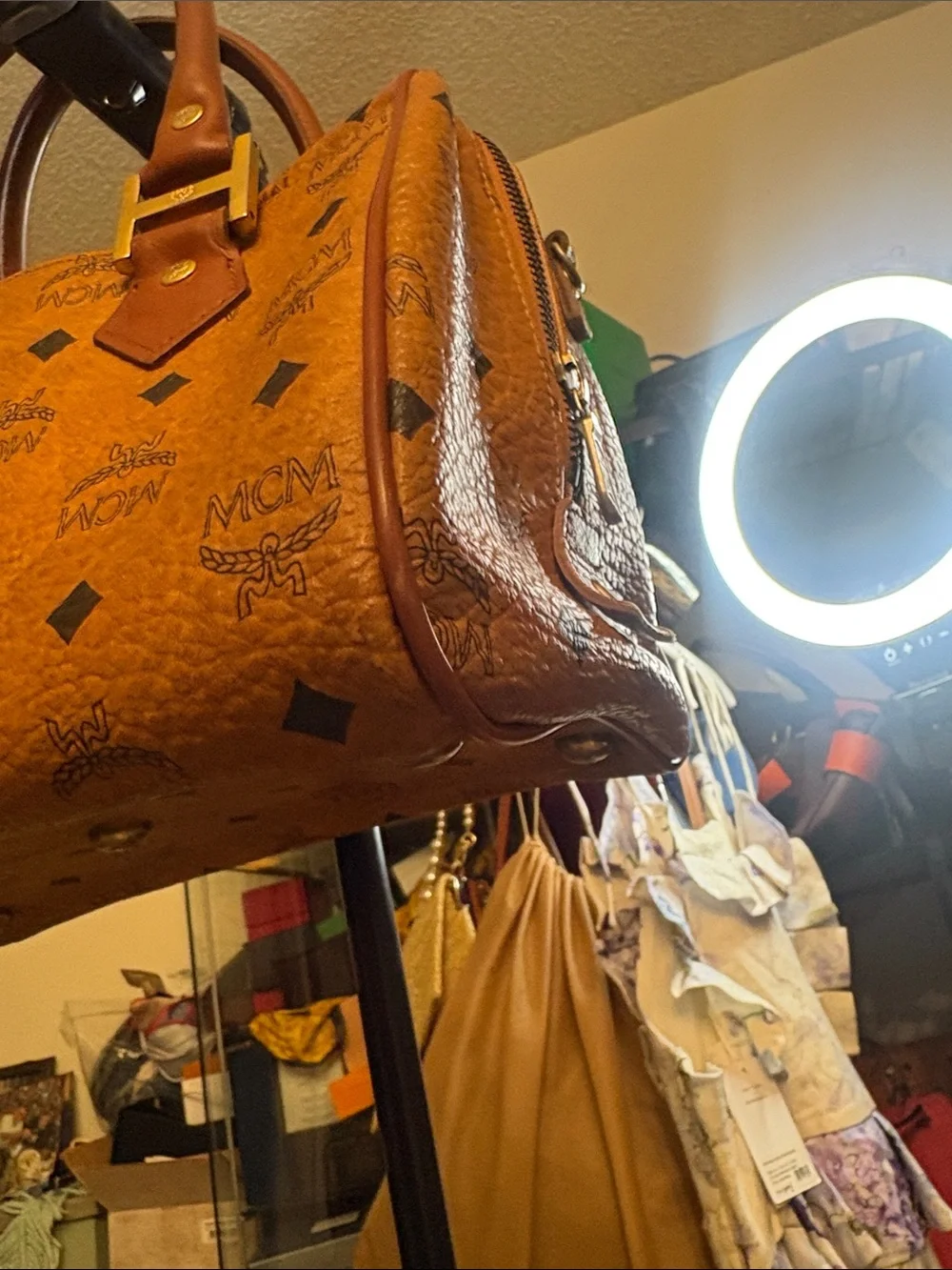 MCM Cognac Brown Visetos Monogram Satchel